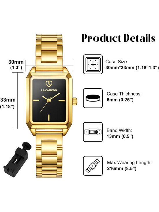 Womens Gold Black Analog Quartz Stainless Steel Waterproof Luxury Bracelet Watch main image 6